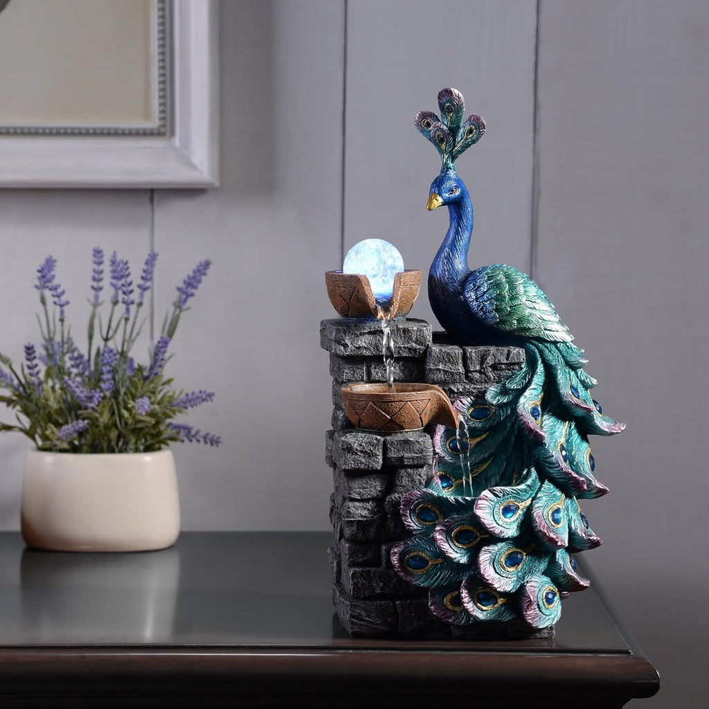 Tabletop Water Fountain Decor, Peacock with LED Glass Color Changing Globe,Relaxation Decorative Desktop Water Zen
