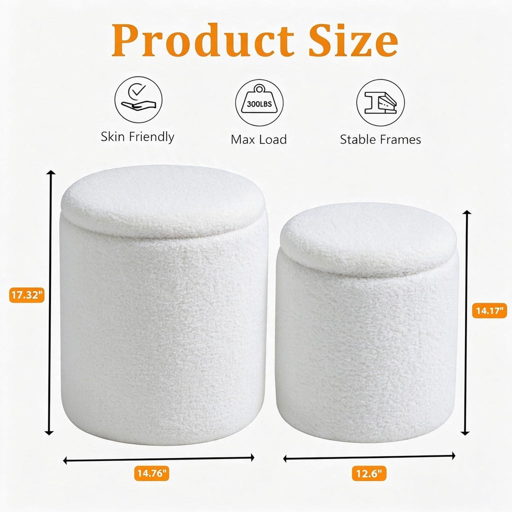 Set of 2 Round Storage Ottoman, White Sherpa Ottoman with Storage