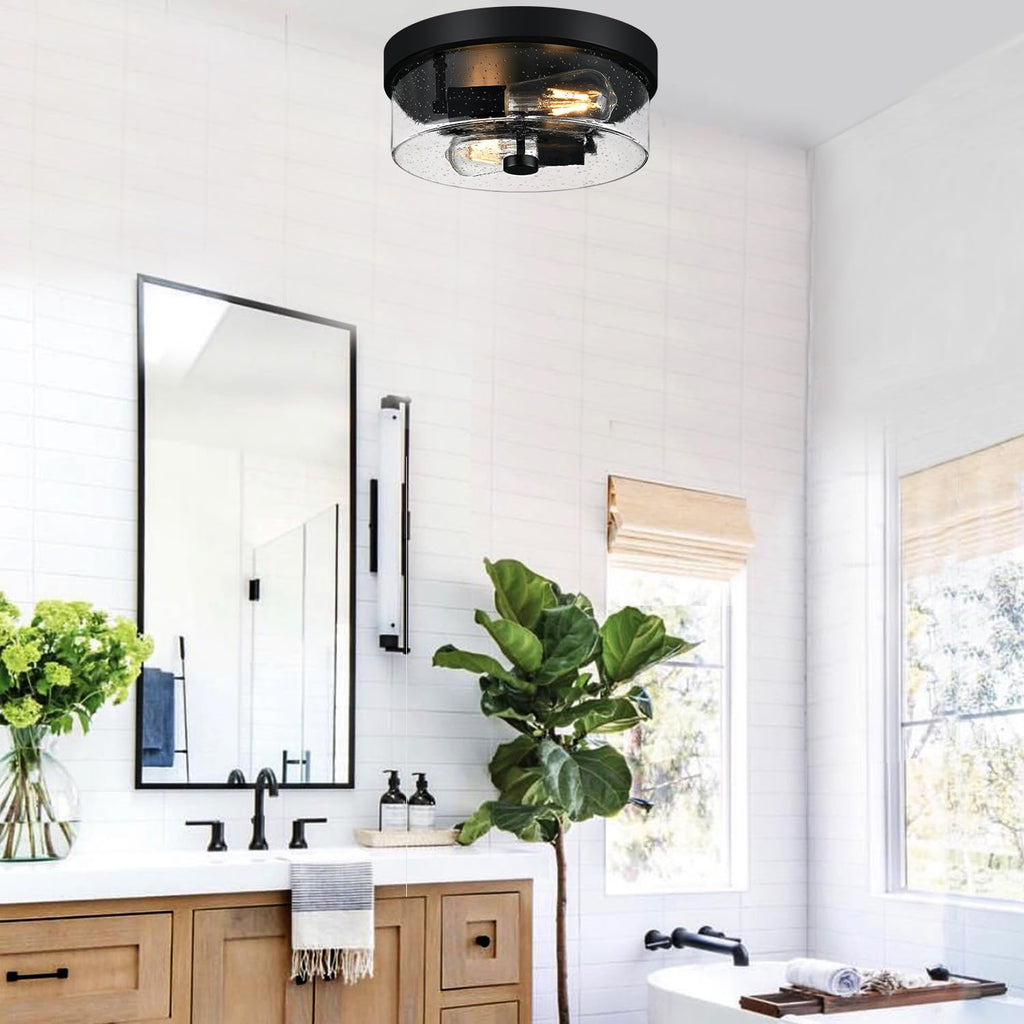 Black Flush Mount Ceiling Light Fixtures, 2-Light Ceiling Mount for Farmhouse with Seeded Glass Lampshade, Industrial
