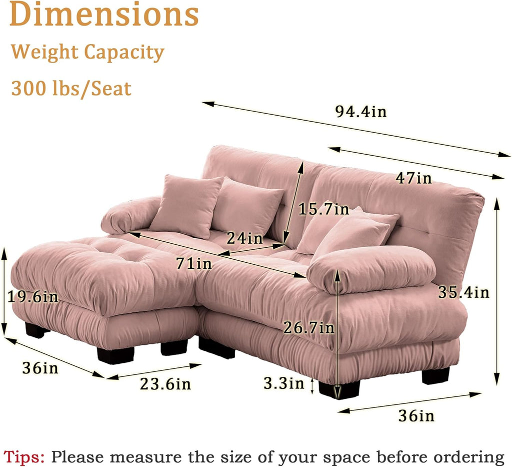 Modular Sectional Sofa Cloud Couch, Deep Seat L Shaped Couch with Ottoman, Pink Sofa Sectional Couches for Living Room