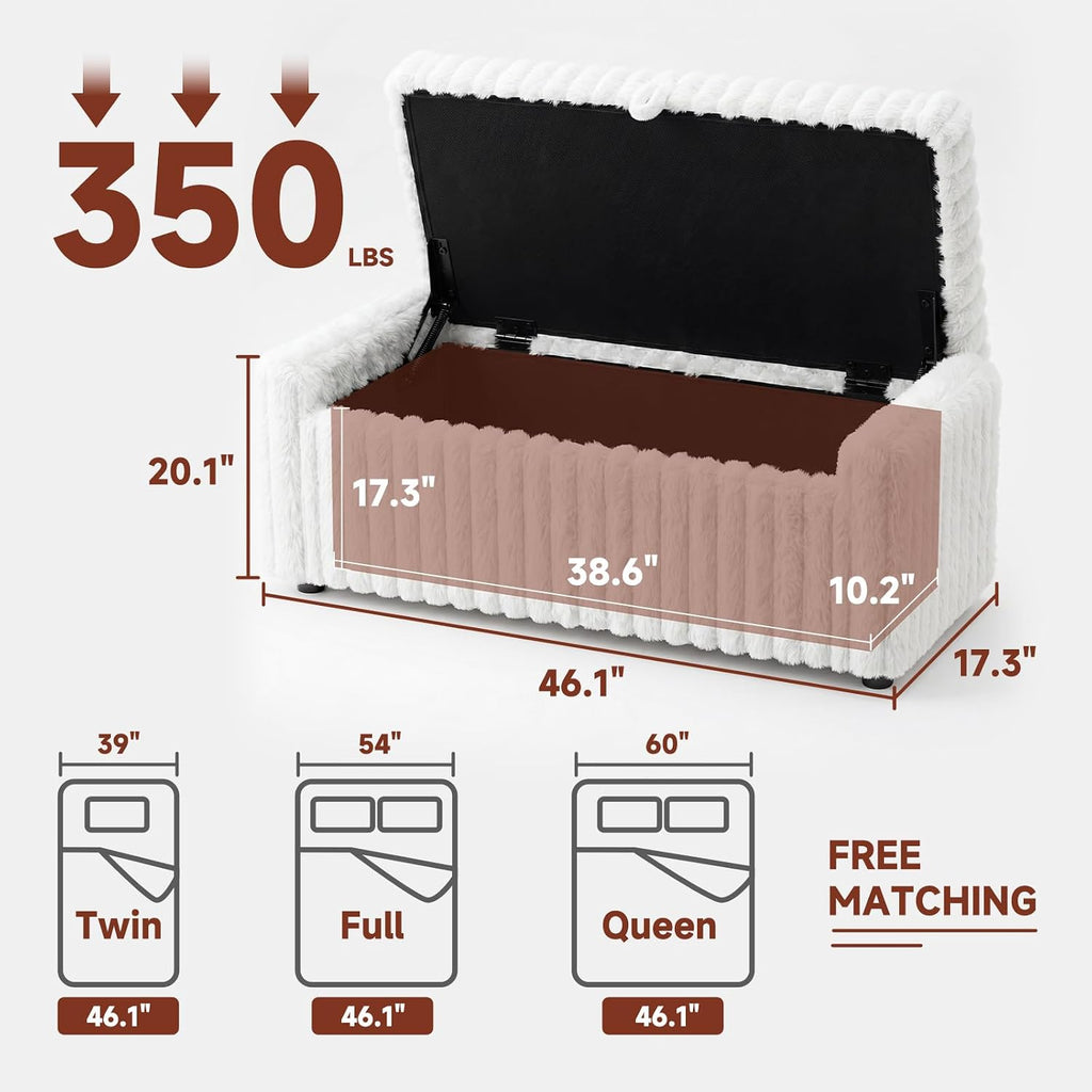 46" Storage Ottoman Bench, 30 Gallon Long Faux Fur Storage with Handles & Soft-Close Hinged Lid for Blankets and