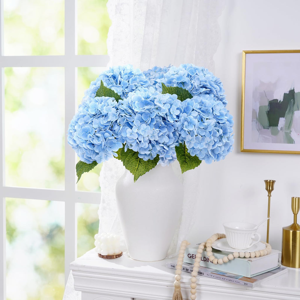 21" Real Touch Blue Hydrangea Artificial Flowers with Long Stem & Leaves, Full Latex Faux Hydrangea Flowers Decor