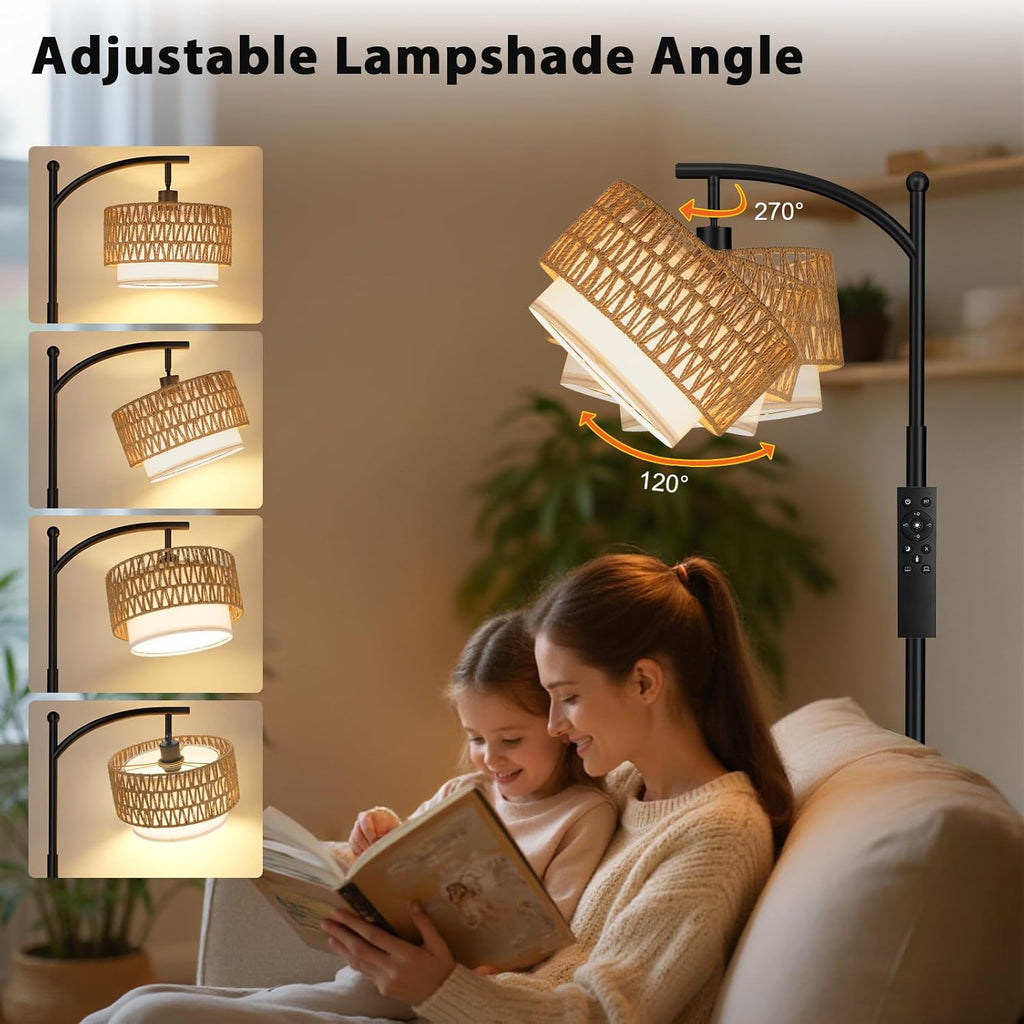 Arc Floor Lamp with Remote, Boho Standing Lamp with Rattan & Linen Shades, Color Temperature & Dimmable Bulb