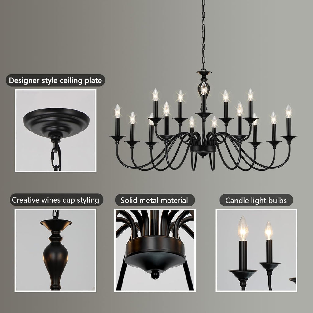 15 Light Black Farmhouse Chandeliers for Dining Room Light Fixtures Over Table, Vintage Candle Large Chandelier for Living Room Foyer Staircase Restaurant Showroom Villa