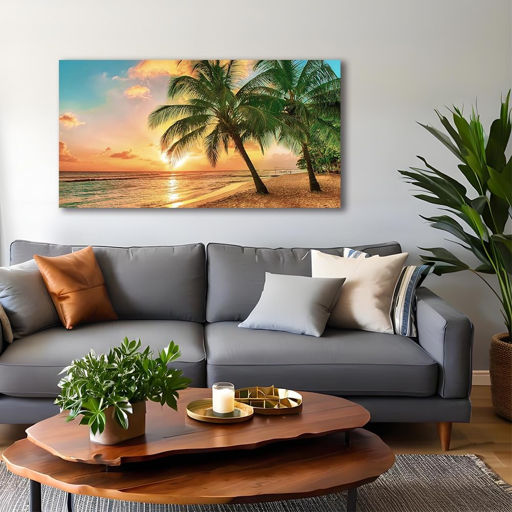 Beach Wall Art Ocean Canvas Wall Decor Tropical Palm Tree Picture for Wall Coastal Painting Gold Sunset Art Print