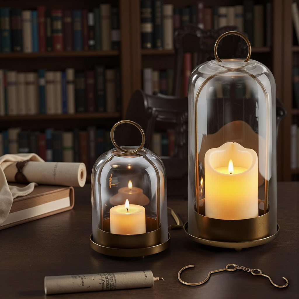 Hurricane Glass Candle Holders, Large & Medium Brass Lanterns Hurricane Candlestick Holder for Pillar Candles
