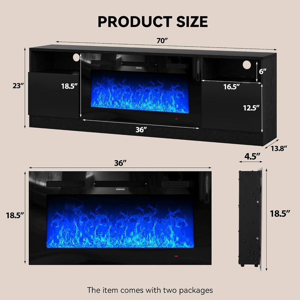 70" Fireplace TV Stand with 36" Electric Fireplace, LED Light Entertainment Center for TVs Up to 80", High-Gloss