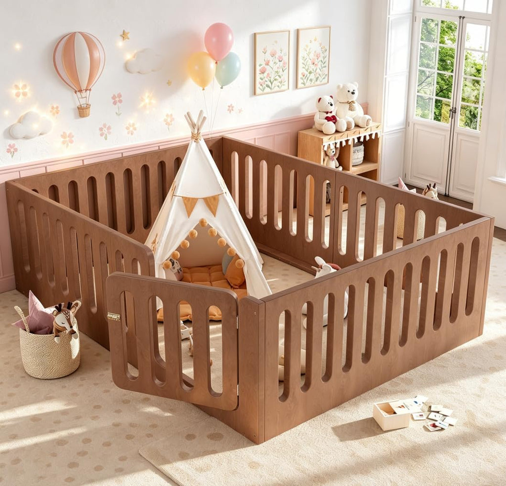 Queen Floor Bed with Door for Kids, Queen Size Floor Bed with High Fence, Wooden Montessori Beds for Kids, Deep
