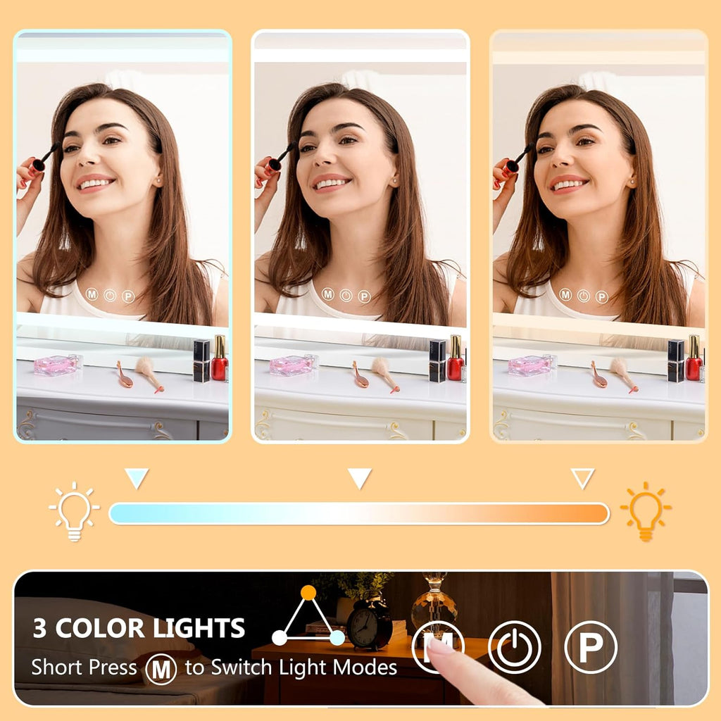 23" x 18" Vanity Mirror with Lights, Led Lighted Makeup Mirror with 3 Color Dimmable Lights, Touch Control, USB