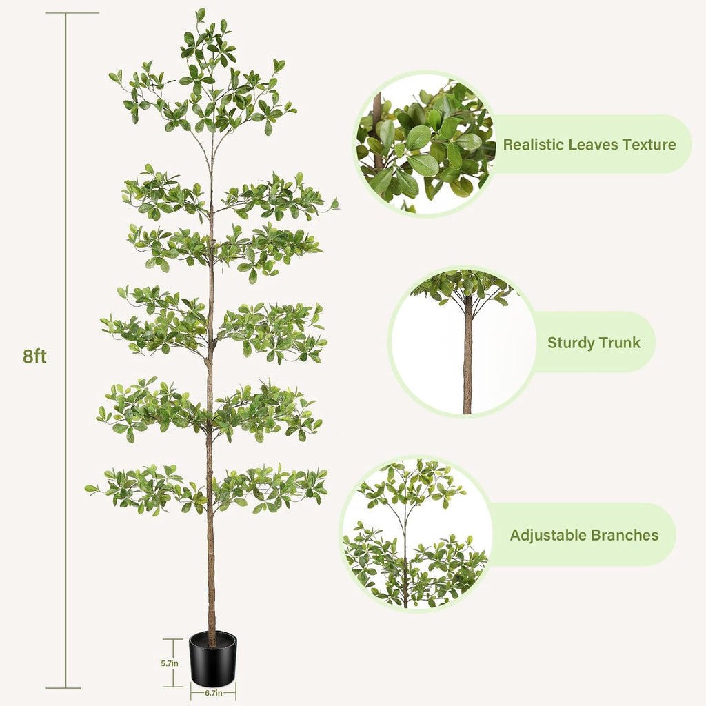 Faux Black Olive Tree 8FT - Tall Artificial Shady Lady Tree with Natural Wood Trunk and Realistic Leaves, Large Fake