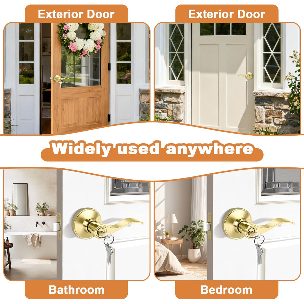 Door Handles Exterior Door Lock Set, Brass Gold Front Door Handle, Entry Door Lever Keyed Alike, 6 Pack