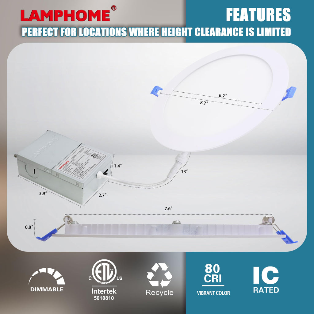Of 8-Inch Slim LED Recessed Lights with Junction Box, Adjustable Color Temperatures (2700K-5000K), 18W