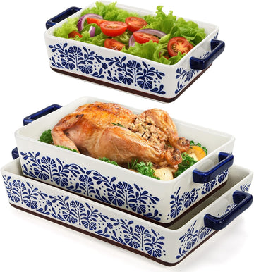 3 Pack Rectangular Ceramic Dish Set for Oven, Hand-Painted Floral Design Non-Stick and Stackable Casserole Dish with