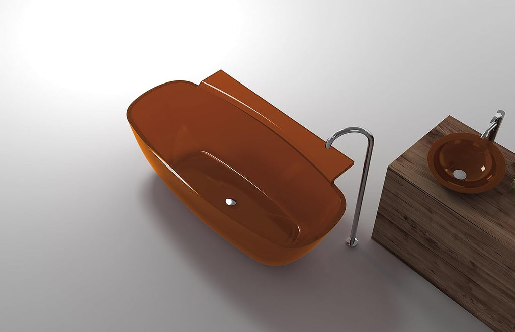 Vida 62 in Man Made Stone Round Flat Bottom Freestanding Bathtub in Translucent Honey Amber, Luxury Colorful Soaking