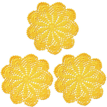 3 PCS 8 Inch Lace Doilies Tea Cup Coasters Handmade Crochet Daisy Flower Placemats (Yellow)