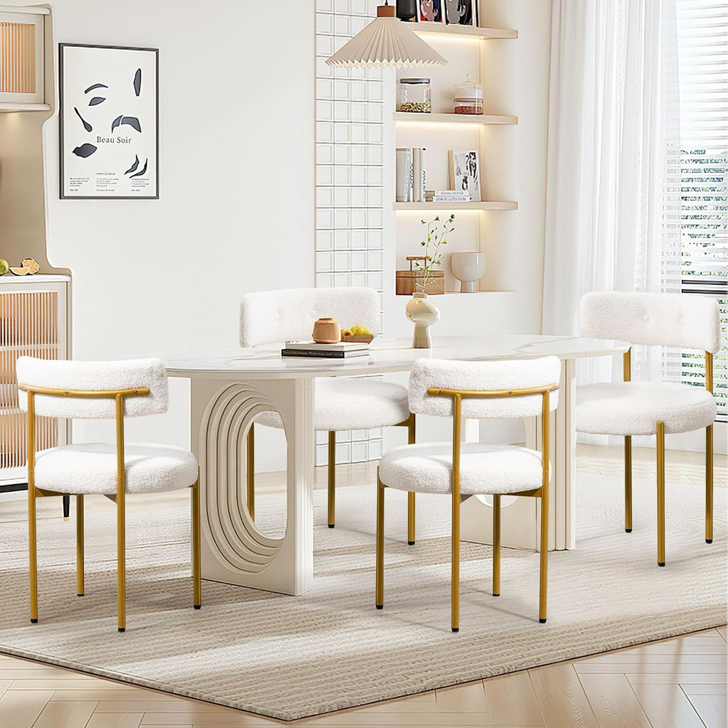 White Boucle Dining Chairs Set of 4, Modern Kitchen Chairs with Gold Metal Legs and Curved Backrest, Round Dining