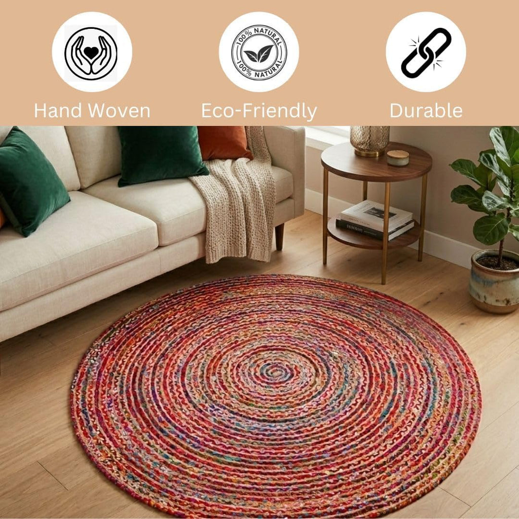 WeWove Hand Woven Area Rug 6 Feet Round - Jute Cotton Area Rug Rustic Farmhouse Boho Accent Rug Bedroom Kitchen Dorm