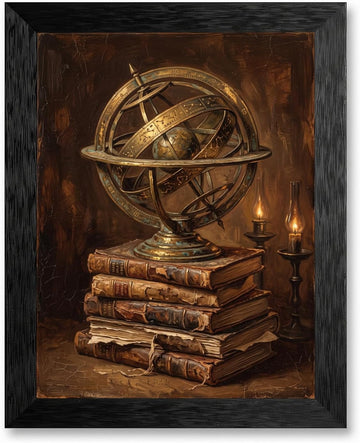 Framed Canvas Wall Art Moody Oil Armillary Sphere and Aged Books Halloween Wall Art Canvas Print Poster Black Frame
