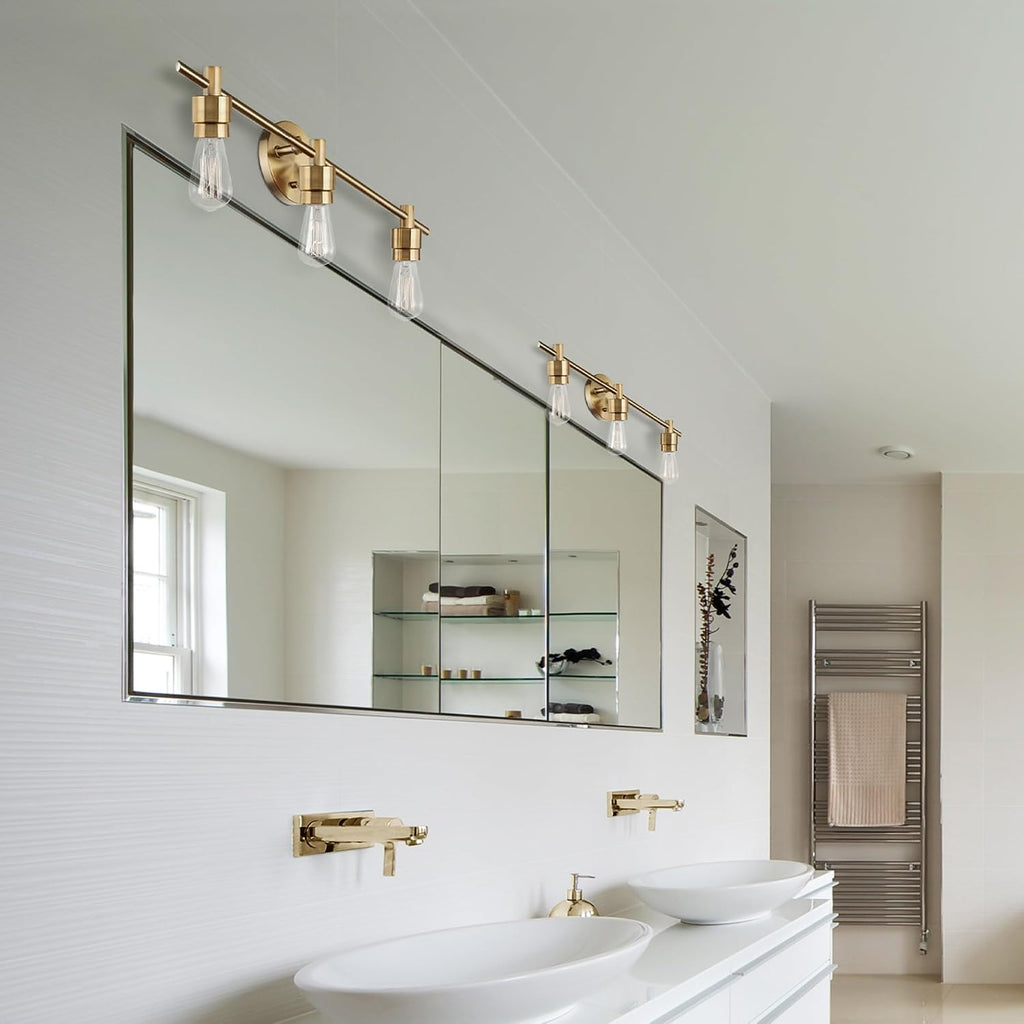 5-Piece Bathroom Accessory Set with 3-Light Vanity Fixture, Matte Brass Finish, Open Socket Design, Towel Bar, Towel