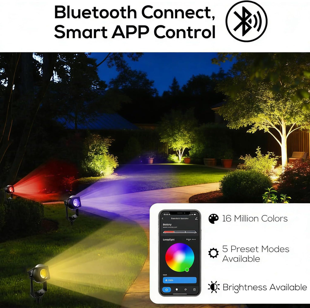 Smart Bluetooth Landscape Spotlights 4 Pack, RGBW Landscape Light, Solar Spot Lights Outdoor, Solar Outdoor Uplights