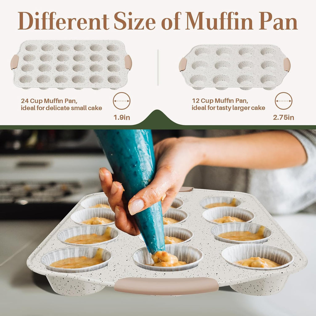 11-Piece Pans Set Nonstick, Stackable Bakeware Set, White&Khaki | Toxin-Free Pans Set with Silicone Handles, Includes