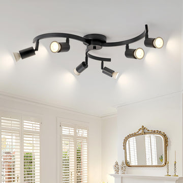 6 Light Track Lighting Fixtures Ceiling, Flexibly Rotatable Light Heads, Black Semi Flush Mount Ceiling Light Dining