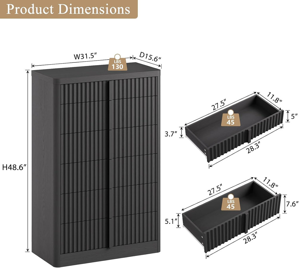 Fluted Dresser , 48" Tall 6 Drawer Dresser, Modern Chest of Drawers with Solid Wood Handle, Curved Profile Design