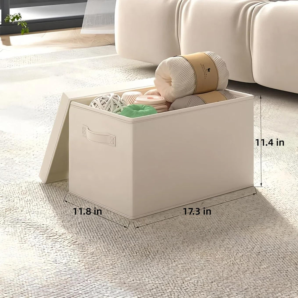 Large Foldable Fabric Storage Bins with Lids, 2 Pack Beige, 17.5"x12"x11.5", Cotton Linen Material with Handles, for