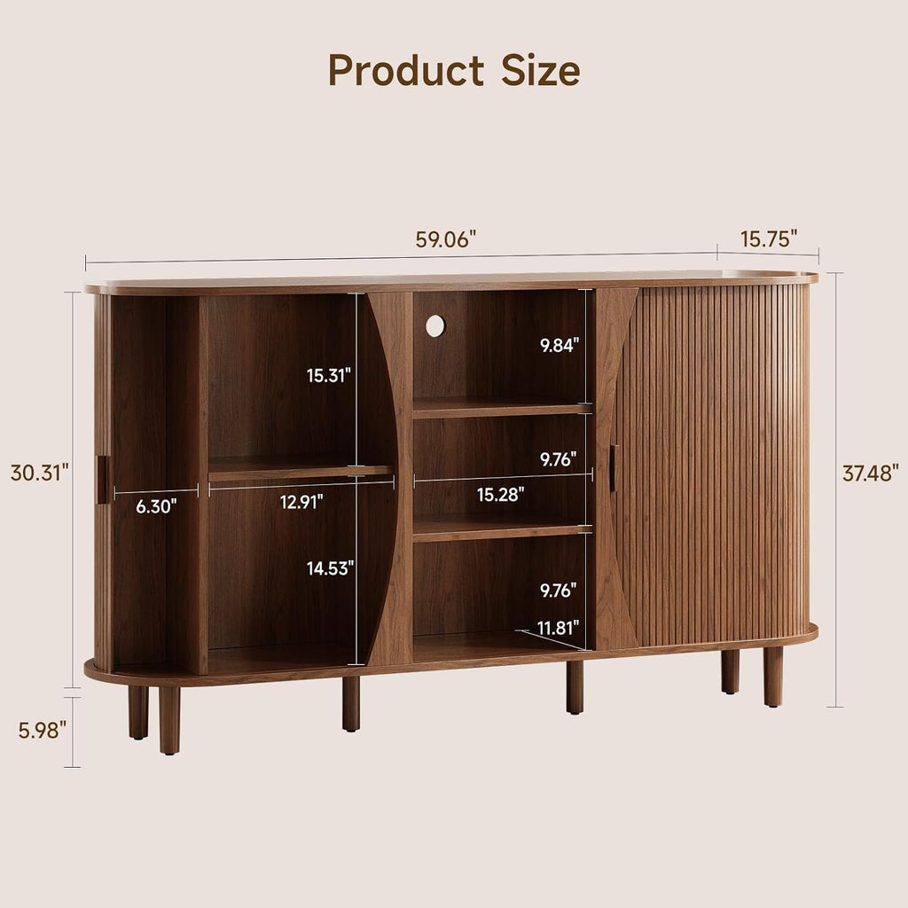 59" Curved Buffet Cabinet with Storage, Sideboard Cabinet with Adjustable Shelves, Mid-Century Modern Buffet Cabinet