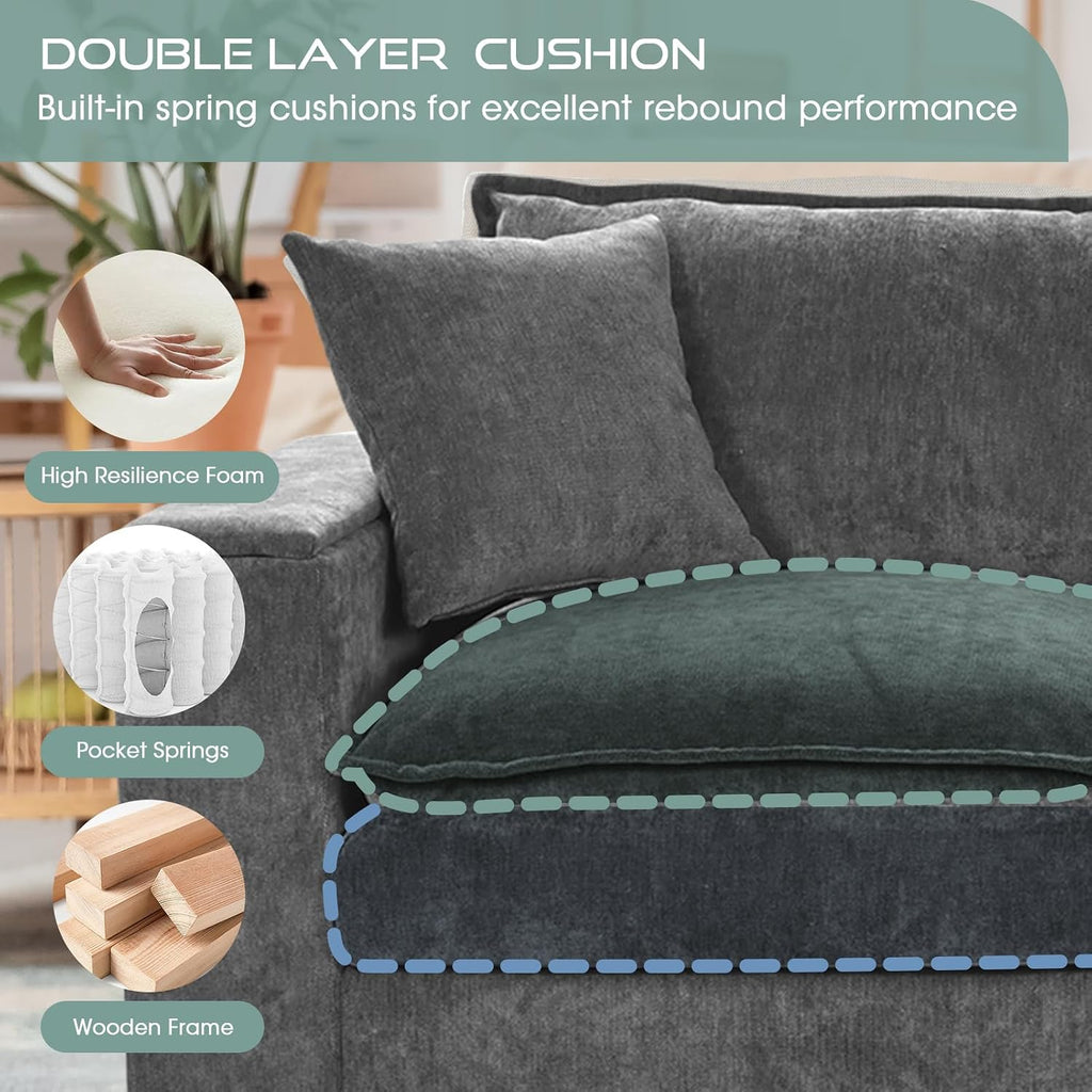 97" 5 Seater L Shaped Couch Corner Sofa, Oversized Cloud Couch with 2 Pillows Chenille Modular Sectional Sofa