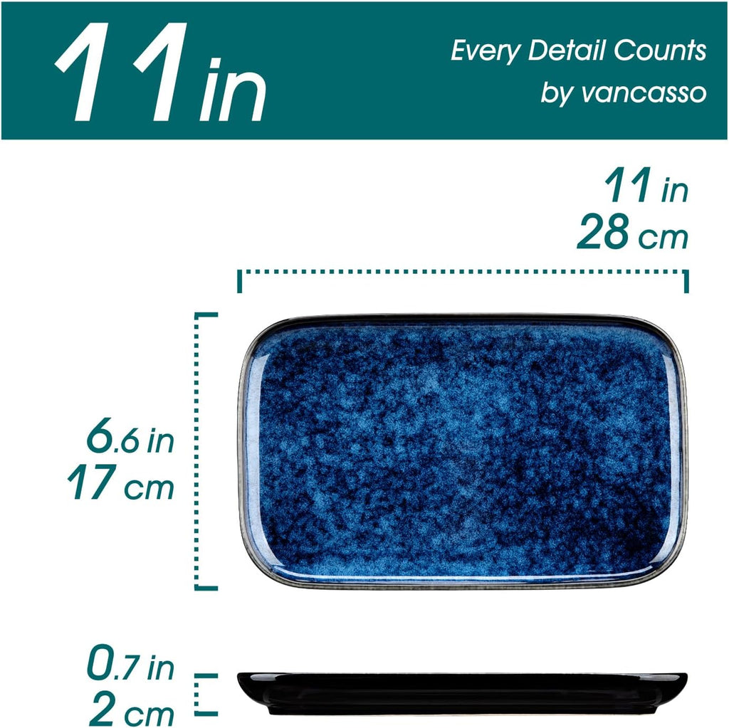 Stern Serving Platters Set of 4, 11 Inches Rectangular Ceramic Serving Plates, Blue Serving Trays for Entertaining