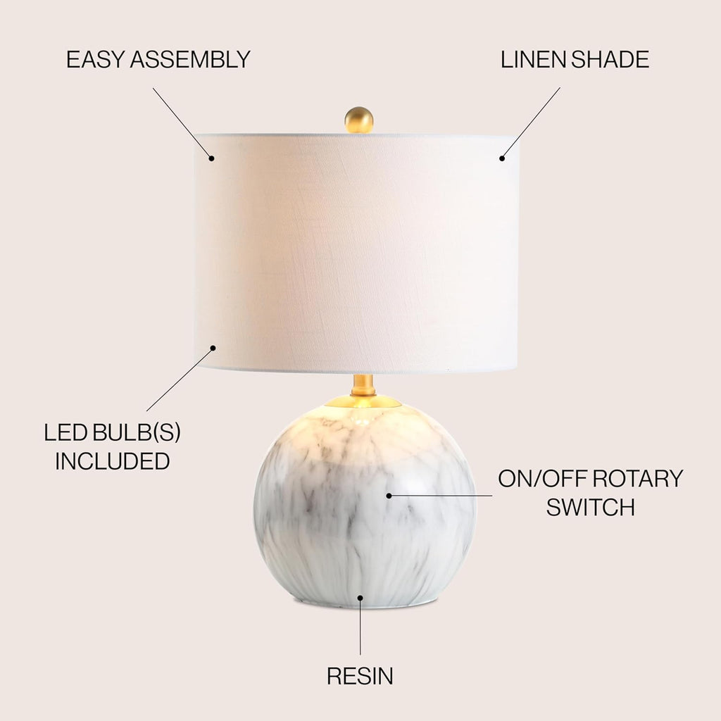 21.5" White/Brass Gold Faux Marble Resin Table Lamp, Glam Geometric Sphere Base Bedroom, White Linen Drum Shade