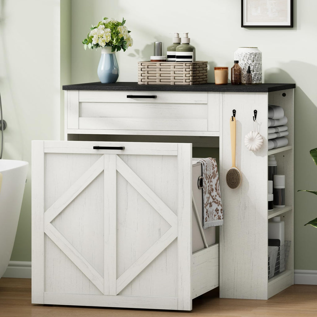 Laundry Hamper Cabinet, Double Laundry Cabinet with Two 11 Gallon Baskets and Drawer, Pull-Out Storage Unit with