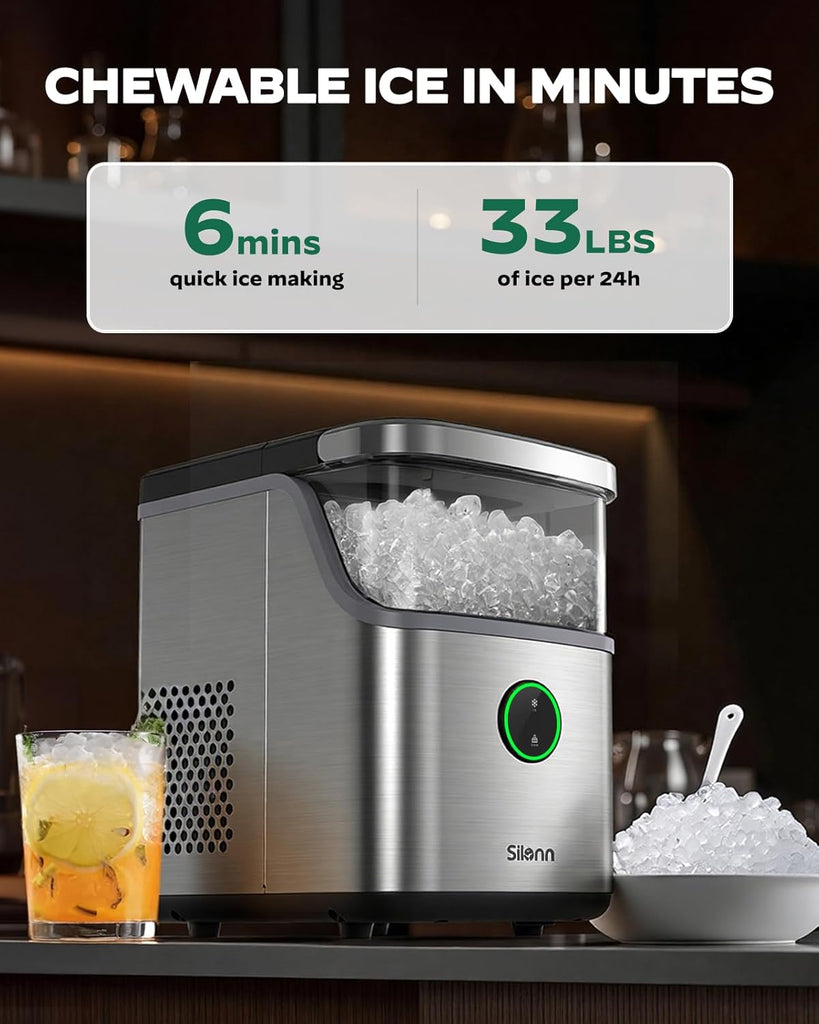 Nugget Ice Maker Countertop, Ice Basket with Handle, Quiet Operation & Self Cleaning Ice Machine, Chewable Ice, 33