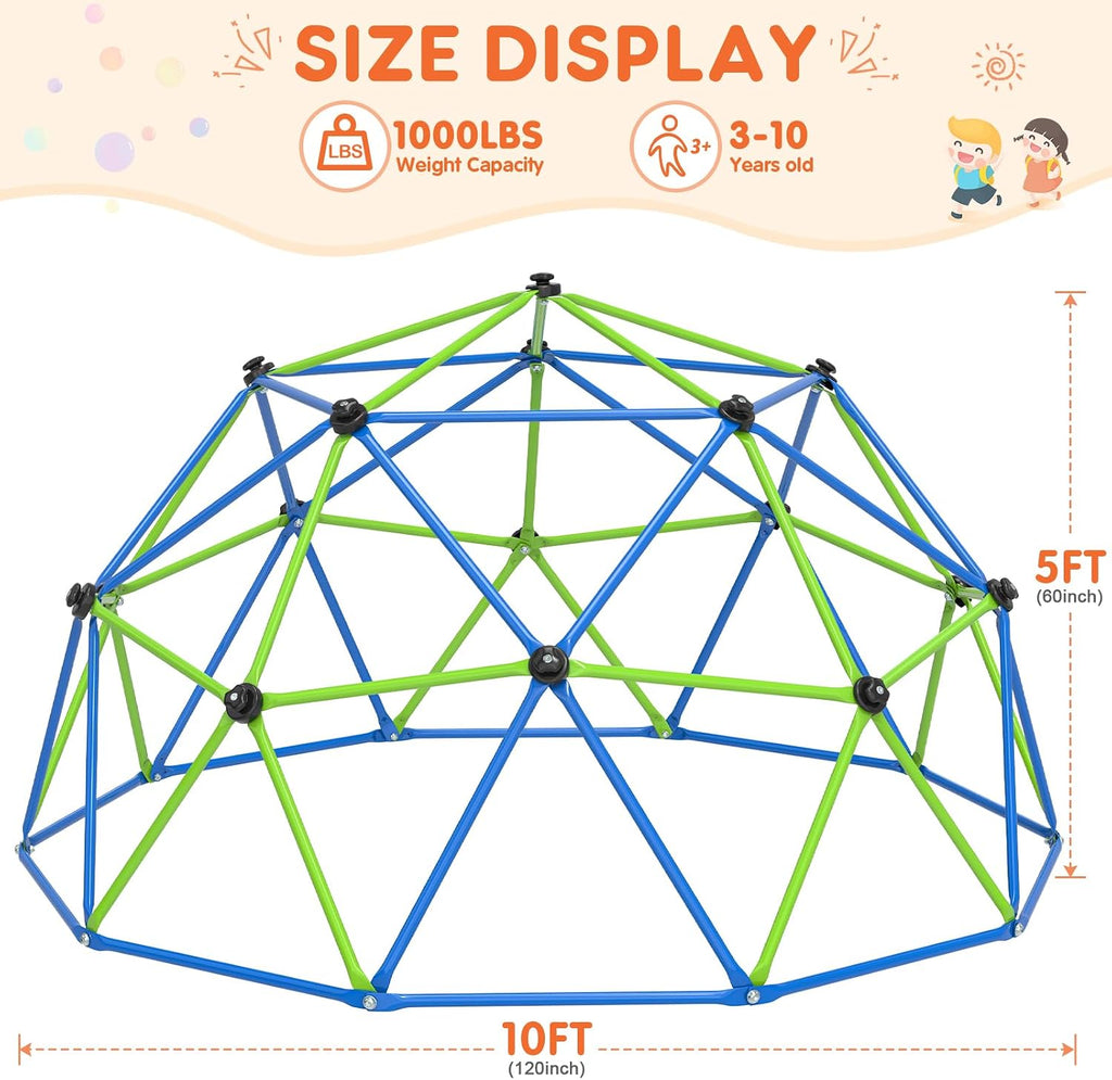 Climbing Dome for Kids, 10FT Geometric Dome Climber, Frog Grips | Spacious 10FT geometric frame with colorful frog
