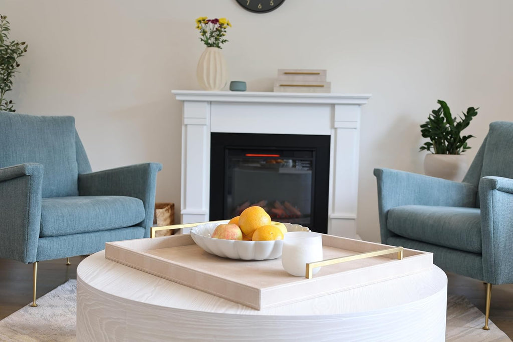 24"x24" Oversized Square Ottoman Tray , Extra Large Ivory Shagreen Leather Decorative Tray for Coffee Table,Wooden
