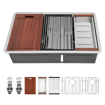 33 Kitchen Sink Double Bowl - 33x19 Inch Undermount Sink16 Gauge Stainless Steel Ledge Workstation Low Divide Double