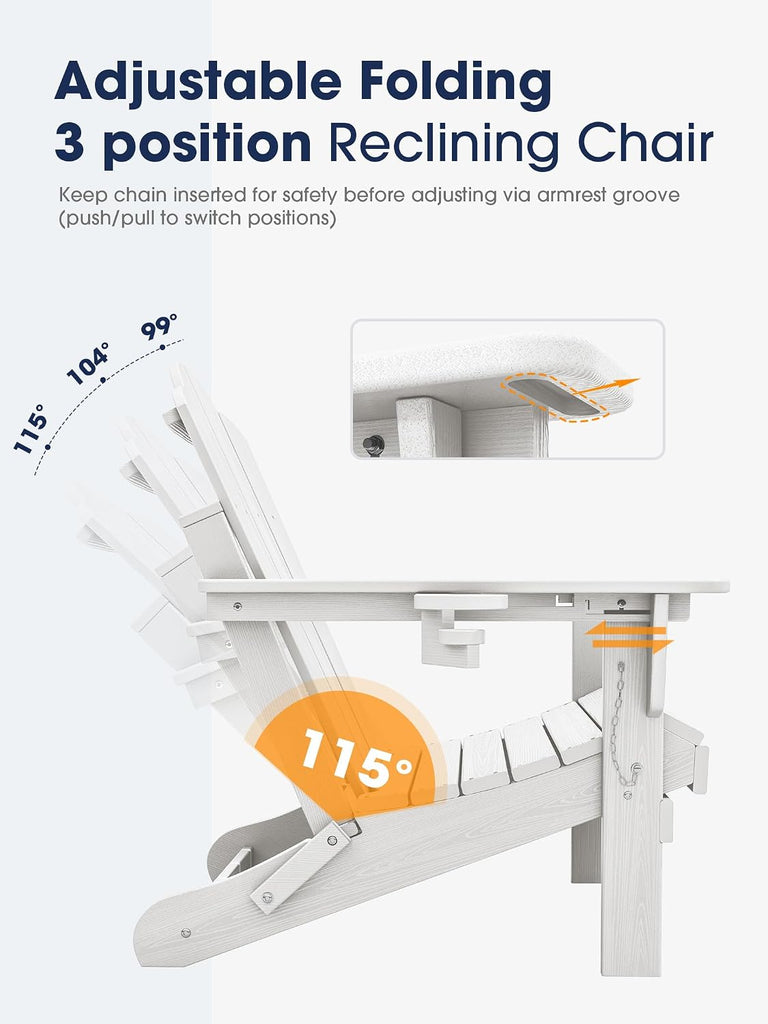 Adjustable Adirondack Chairs Set of 2, Folding Outdoor Chair, White | | with Cup Holder | Reclining 3-Position