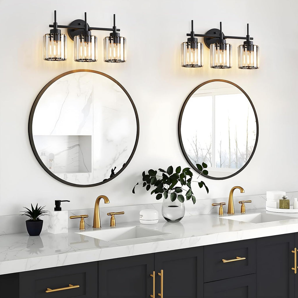 3 Light Black Crystal Vanity Light, Modern Bathroom Vanity Light Over Mirror, Up and Down Mount Wall Sconce Lighting