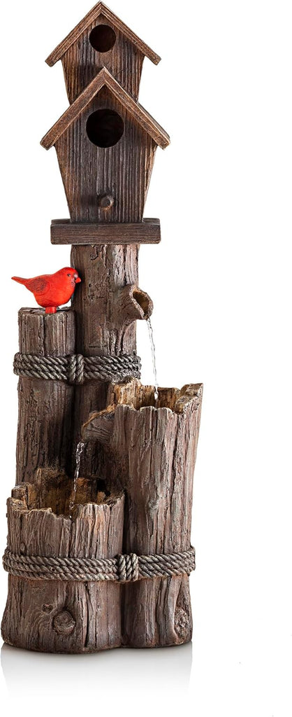 35" Tall Outdoor 3-Tier Birdhouse Water Fountain with Cardinal Accent, Rustic Floor Decor and Patio, Brown