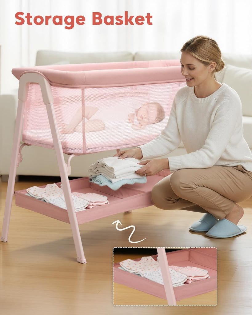 Bassinet, Bedside Bassinet for Baby | Bassinet Bedside Sleeper with Mattress, Storage Basket and 4 Auto-Lock Wheels