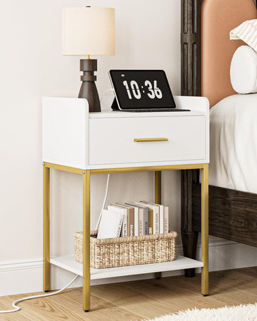 Nightstand with Charging Station, Modern Bedside Table with Drawer and Legs, White and Gold Night Stand with Open