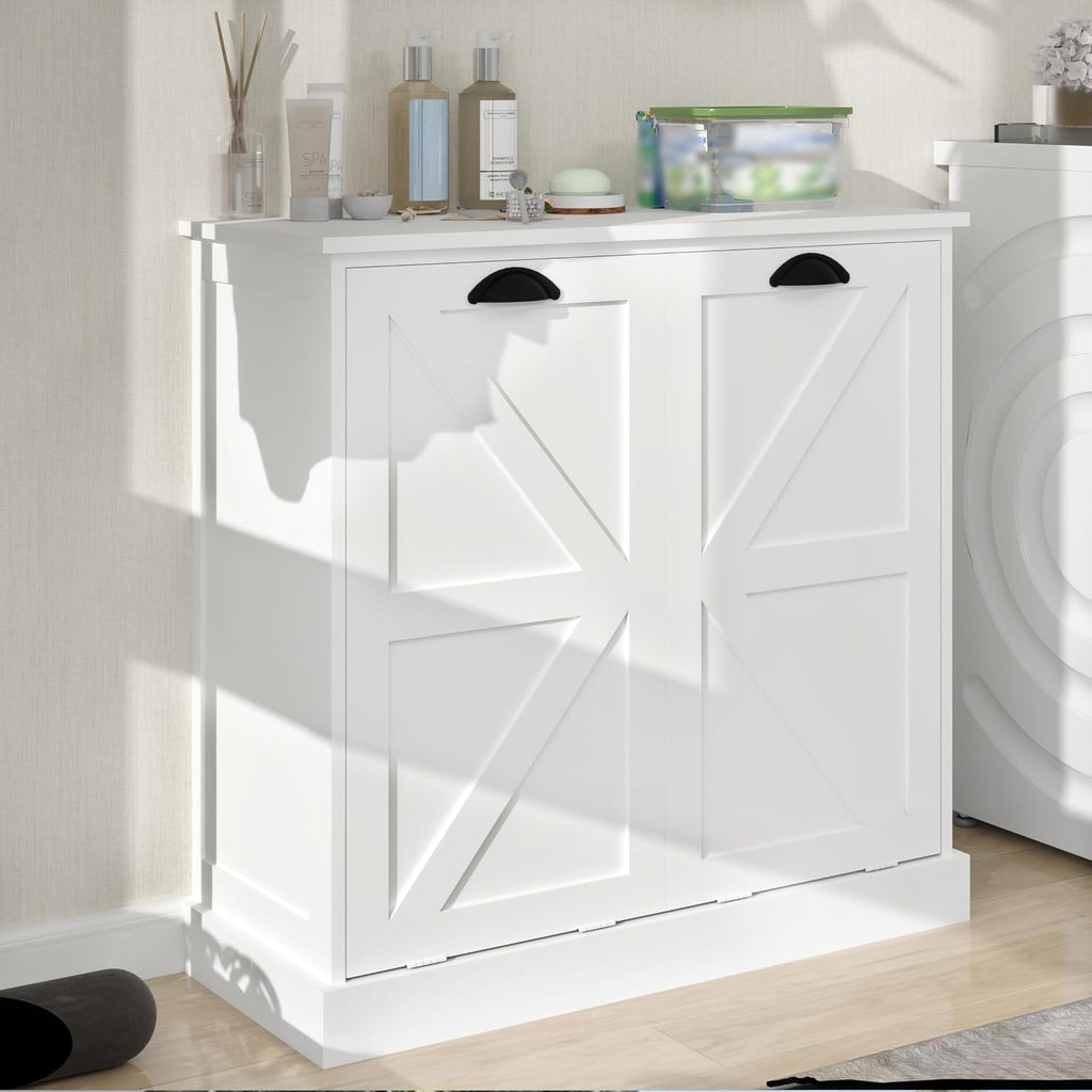 Laundry Hamper Cabinet with Removable Basket, Double Tilt Out Laundry Hamper, Wood Bathroom Storage, Free Standing