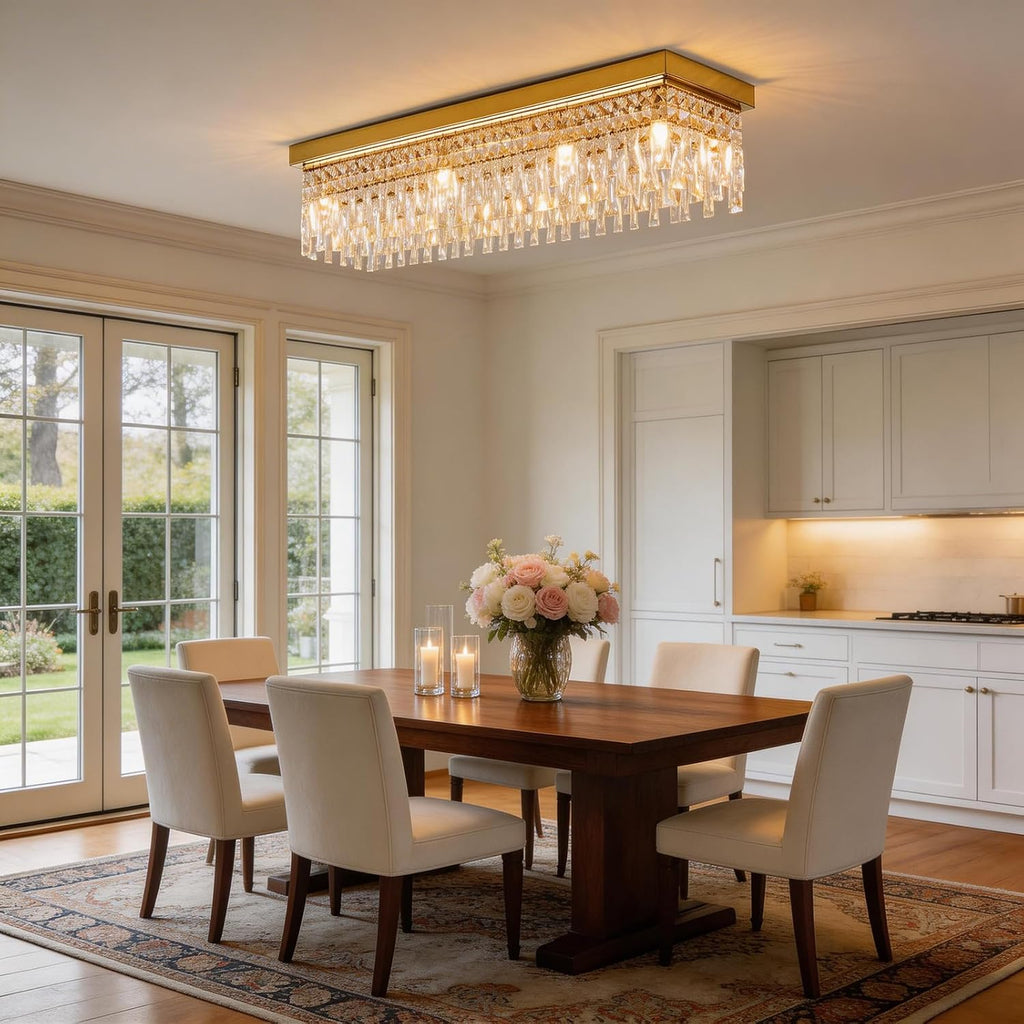 Rectangular Crystal Chandelier Flush Mount 40" Gold Ceiling Light,Large K9 Raindrop Light Fixture,8 Lights Modern