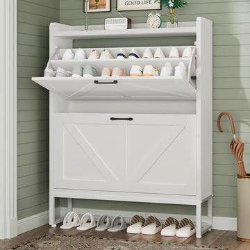 Shoe Cabinet, Shoe Storage Cabinet with 2 Flip Drawers & Adjustable Shelf, Space-Saving Shoe Organizer - Holds 16+