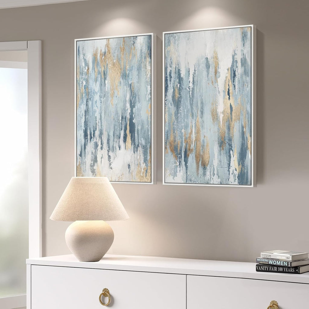 Large White Framed Blue and Gold Abstract Wall Art, 24x36 - Set of 2
