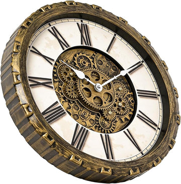 15 Inch Wall Clock with Real Moving Gears, Industrial Steampunk Vintage Wall Decor, Antique Metal Big Numeral Wall Clocks for Office...