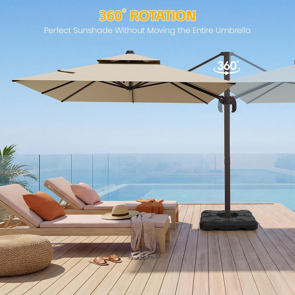 9x12 FT Patio Cantilever Umbrella with Base, Rectangular Heavy Duty Offset Umbrella for 6-8 People - Beige - 6D1G