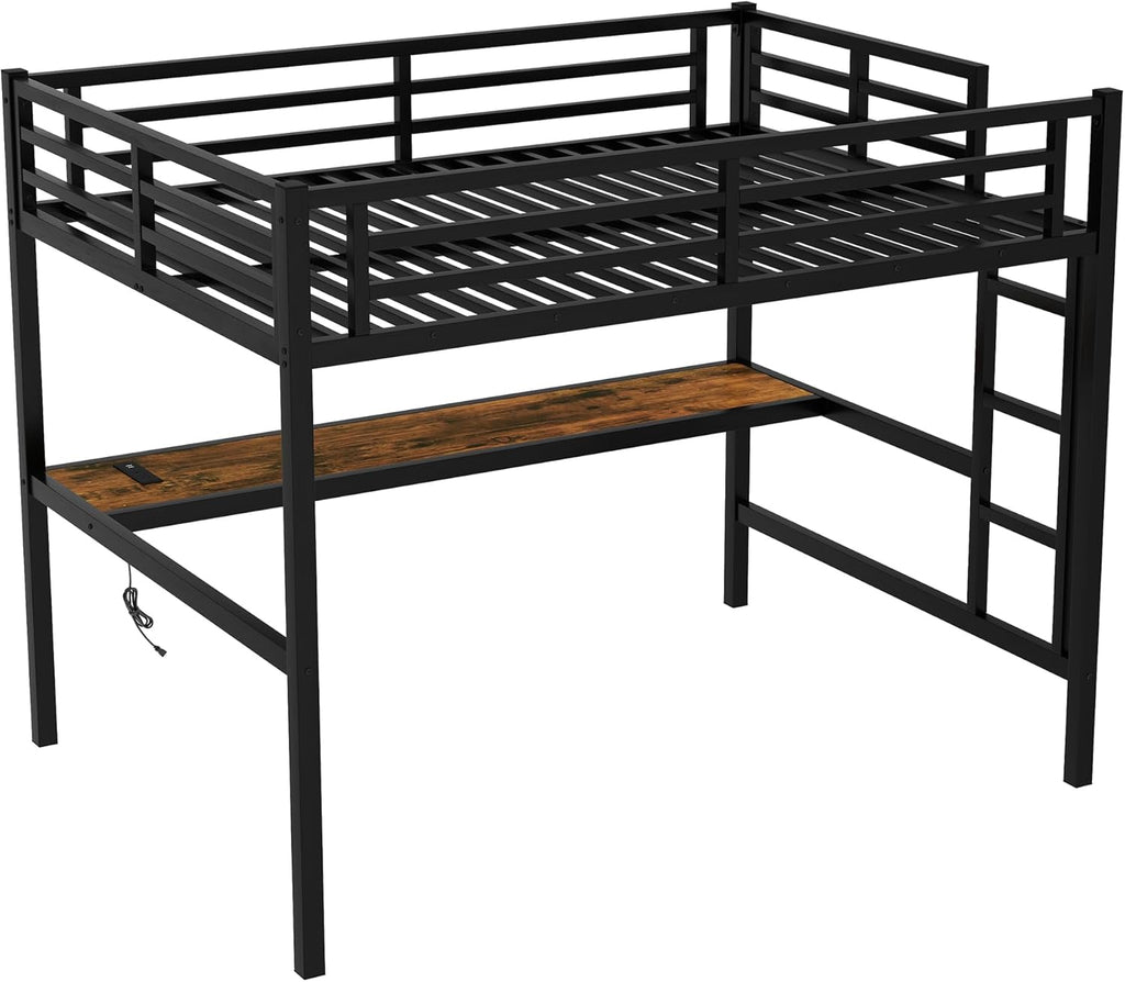 Full Metal Loft Bed with Desk and LED Lights,Heavy Duty Loft Bed Frame with Charging Station and USB for