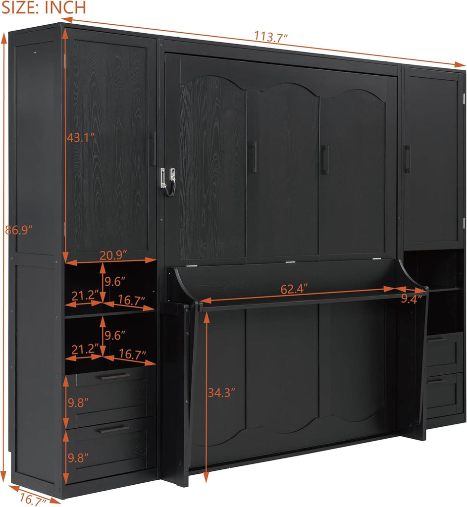 Queen Murphy Bed with Desk, Multifunctional Foldable Wall Bed with Closet, Drawers and Shelves, Space-Saving Wood Bed
